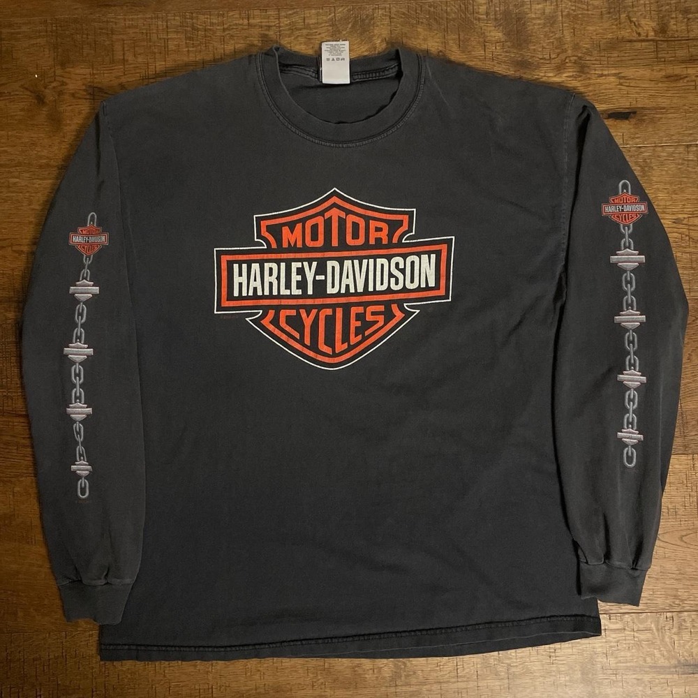 Harley Davidson Long Sleeve Shirt Mens XL Black Vintage Biker Chain Graphic